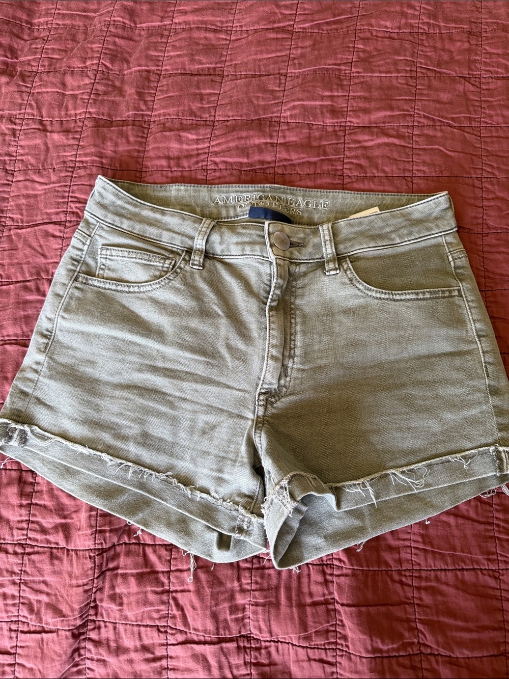 American Eagle Outfitters Olive High-Rise Frayed Denim Shorts